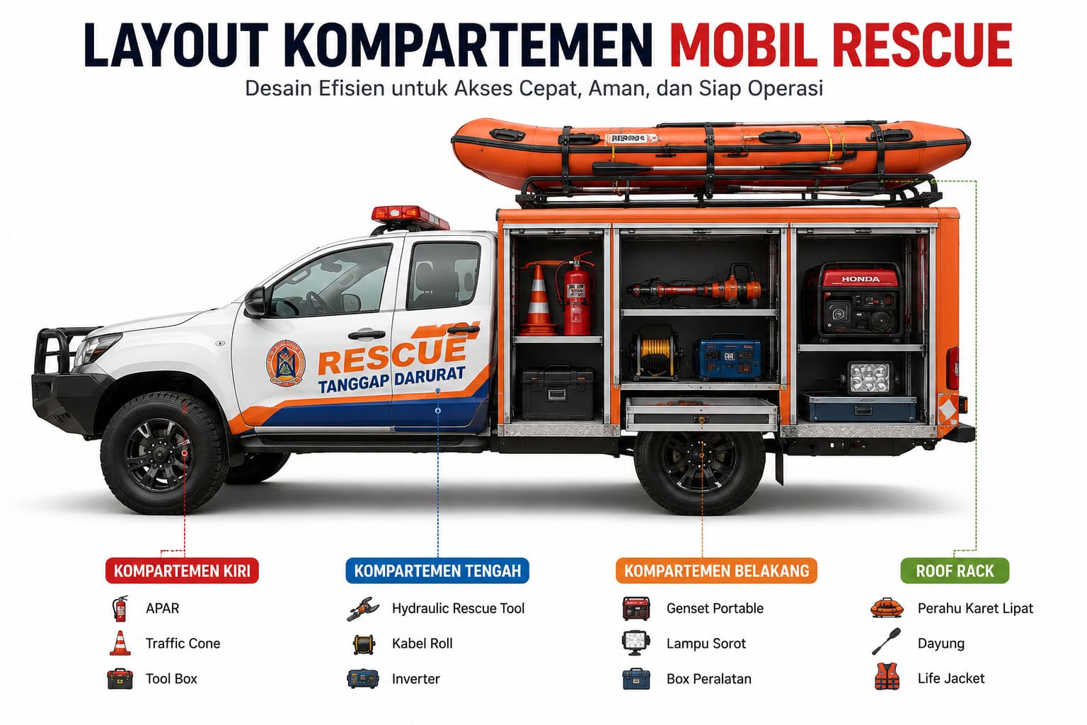 Layout kompartemen mobil rescue custom dengan pembagian zona peralatan