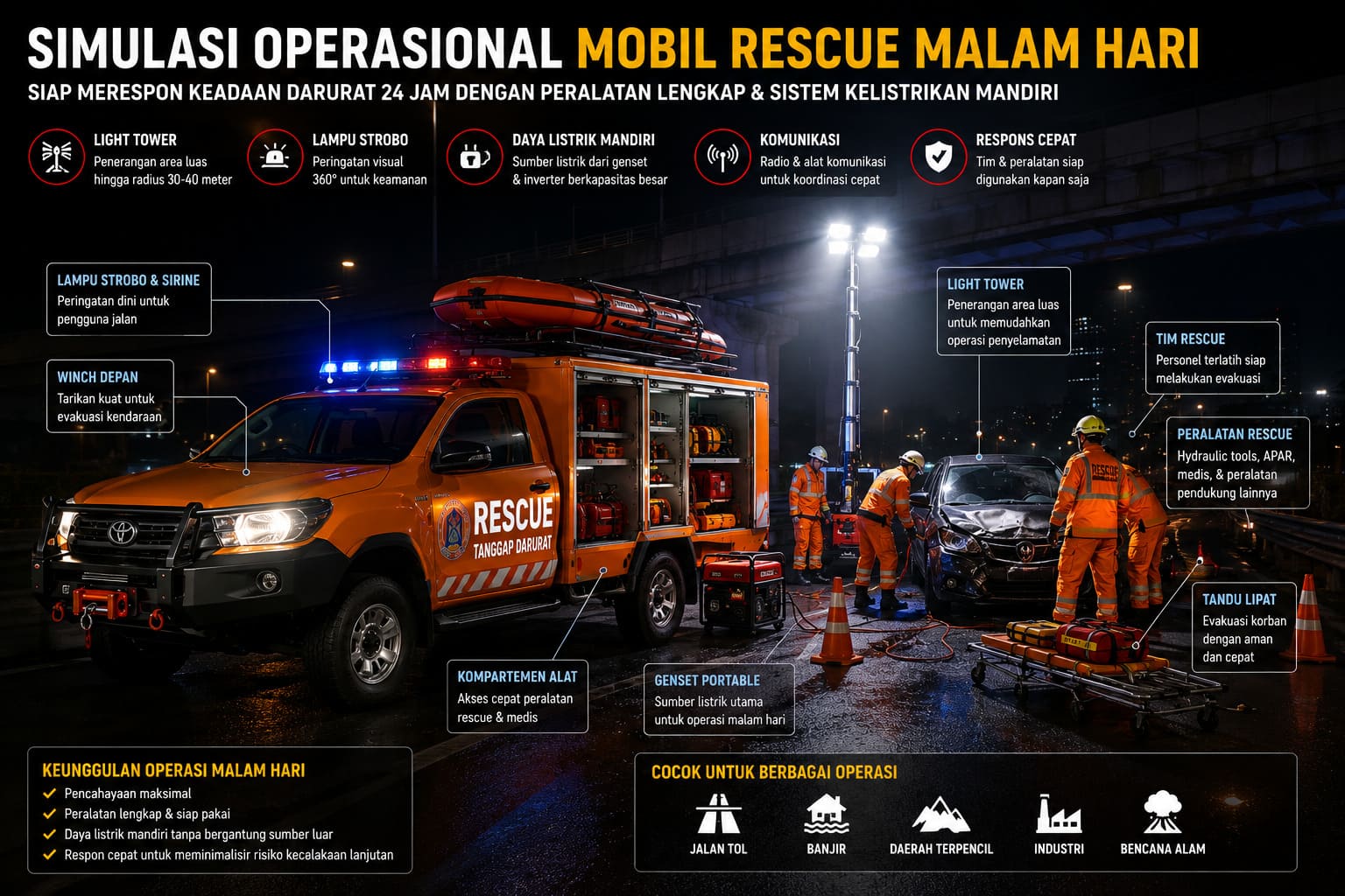 Simulasi operasional mobil rescue malam hari dengan light tower dan peralatan darurat